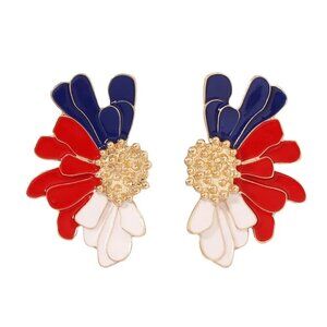 2/$24 Patriotic Flower Statement Earrings Red White Blue Gold Tone Lightweight